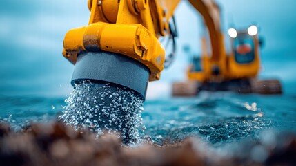 Excavator dredging in water with bubbles, showcasing construction work and engineering.