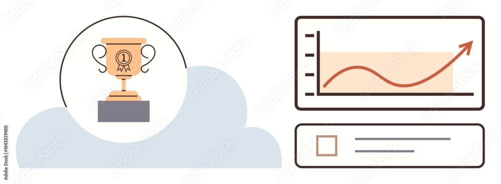 Poster golden trophy on a cloud symbolizing success, next to a growing line graph and checklist chart. idea