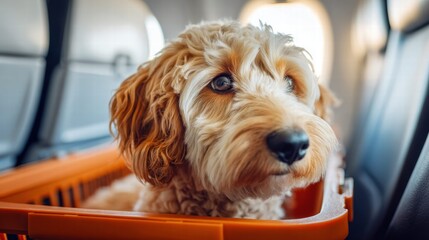 A golden doodle puppy travels on an airplane, looking cute and curious inside a carrier.