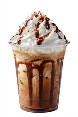 Iced coffee drink in a clear plastic cup, topped with whipped cream and a chocolate drizzle.  The coffee is light brown and appears blended