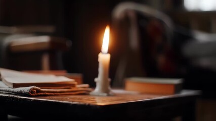 A single candle illuminates a cluttered table in a dimly lit room - Powered by Adobe