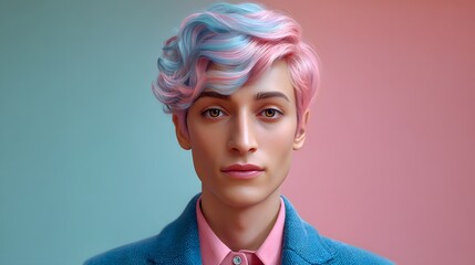 Portrait of a Young Man with Colorful Pastel Hair Against a Soft Pink and Blue Background