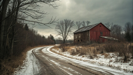 A winding dirt road leads to an old red barn in a rural winter landscape, with snow on the ground and bare trees under a cloudy sky, creating a rustic scene.