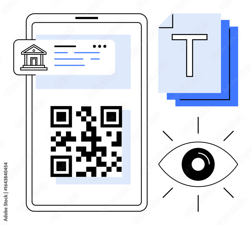 Poster smartphone displaying qr code, document icons, bank element, and eye icon emphasizing data security 