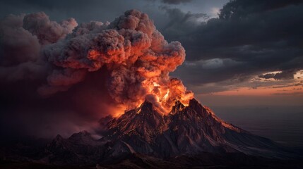 Fototapeta premium Dramatic volcanic eruption unleashes lava and ash, transforming the landscape in fiery display