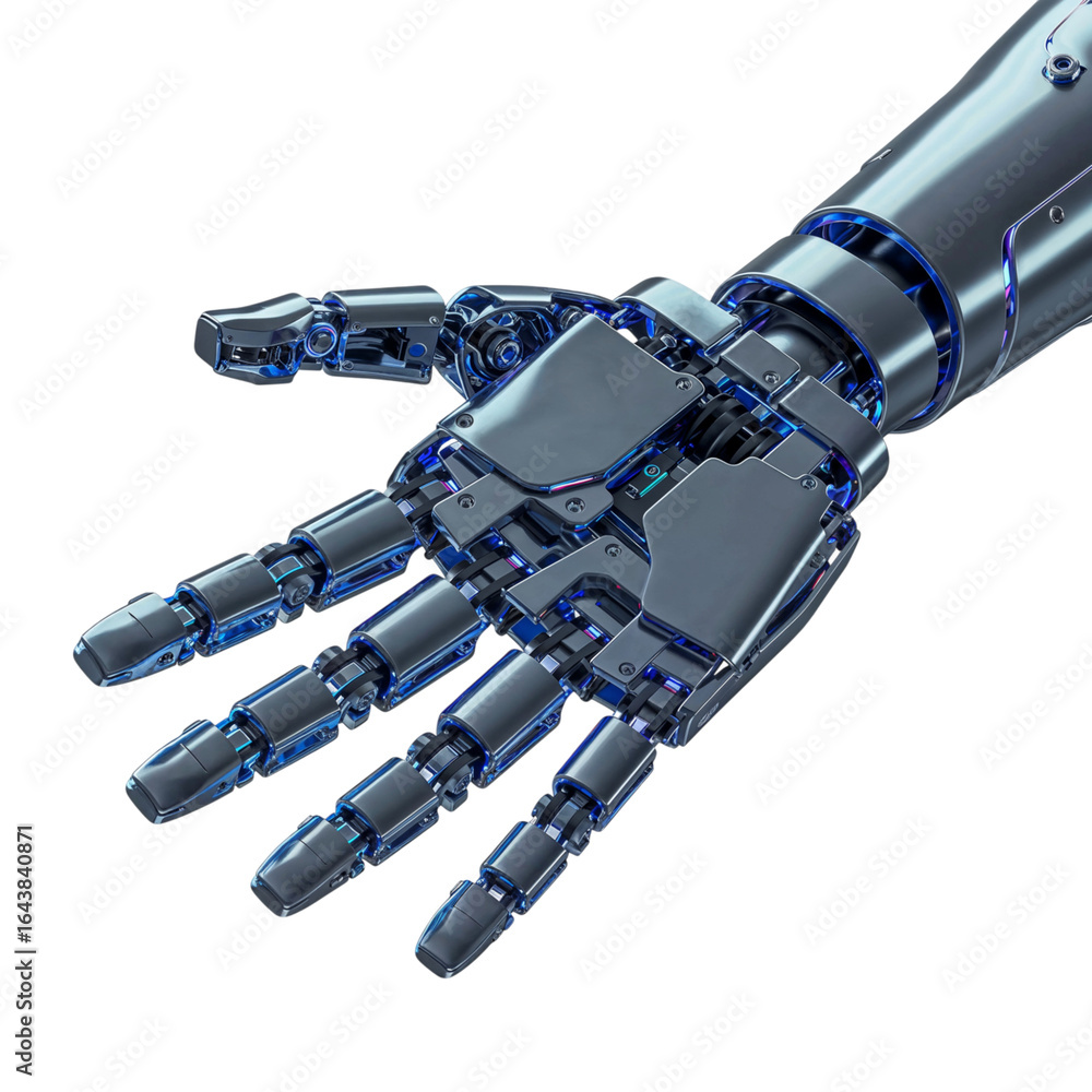 Poster Close up of a futuristic metallic robotic hand with open palm and articulated fingers isolated on transparent background