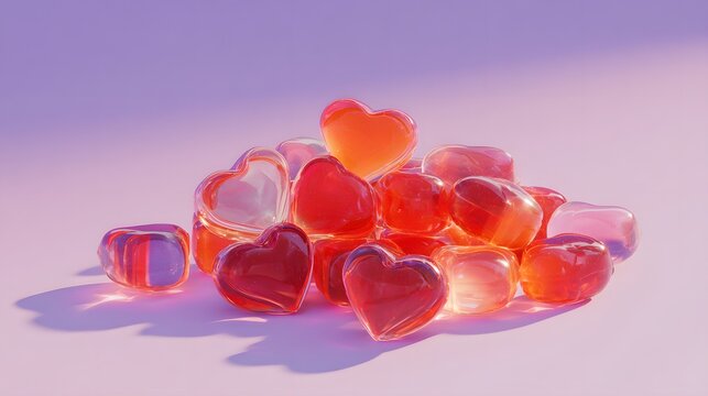 Pile of translucent heart-shaped objects on a pastel background.