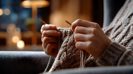 Hands Engaged in Knitting Cozy Wool Sweater in a Comfortable Indoor Atmosphere