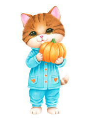 Hand drawn watercolor cat with pumpkin.  A Thanksgiving card