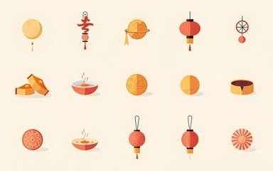 A minimalist design set of Mid-Autumn Festival icons, featuring the moon, mooncakes, and decorative lanterns, perfect for festival graphics and illustrations. High quality