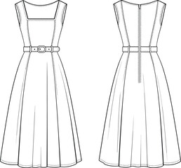 Elegant sleeveless dress with belt, front and back view, CAD drawing, fashion design, vector illustration, sewing pattern, garment sketch