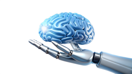 Photo of a robotic hand gently holds a glowing blue artificial intelligence brain, symbolizing future technology and innovation, isolated on a transparent background