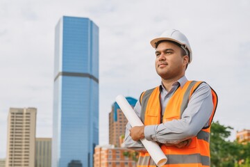 Confident Civil Engineer with Blueprints Standing Against Modern City Skyline During Sunny Day