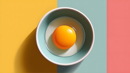 Bright Yellow Egg Yolk in a Light Blue Bowl on Split Color Background of Yellow and Coral