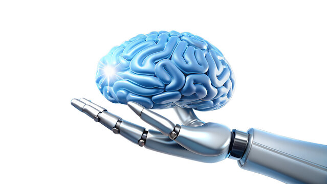 Photo of a robotic hand gently holds a glowing blue artificial intelligence brain, symbolizing future technology and innovation, isolated on a transparent background - Powered by Adobe
