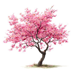 Hand-drawn ornamental cherry blossom tree with delicate flowers on transparent background