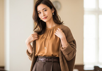 優しく微笑むブラウンのカーディガンを羽織った女性の秋コーデ（ワントーンコーディネート）