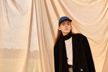 Modern autumn vibes with a redhead young man in trendy outdoor setting