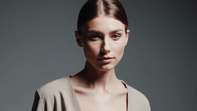 Creative portrait session featuring a model in studio setting with soft lighting and minimal background