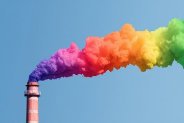A colorful chimney emits vibrant smoke in shades of pink, orange, yellow, green, and blue against a clear blue sky, creating a striking visual contrast.