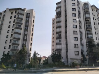 Modern apartment buildings with blue sky background