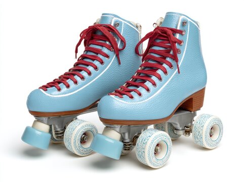 Pair of light-blue quad roller skates with red laces, white detailing, and patterned wheels against a white background
