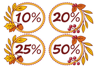Fall Sale Promotion with 10 20 25 and 50 Percent Off in Circular Badges with Autumn Leaves