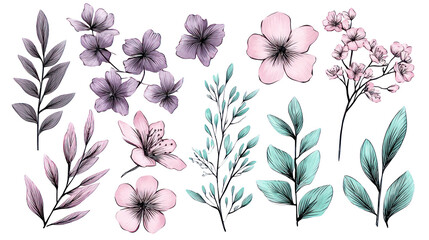 Obraz premium Hand-drawn spring flower set with lavender, blush pink, and pastel tones transparent background