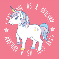 Cute pastel unicorn illustration with rainbow mane and tail, heart accents, and stay cool as a unicorn text design for kids t-shirt and print