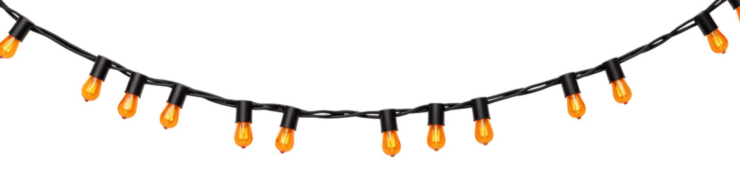 Decorative string lights with orange bulbs create warm and inviting atmosphere, perfect for celebrations or cozy gatherings