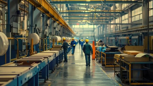 Group of workers moving through a factory floor, possibly during shift change or lunch break