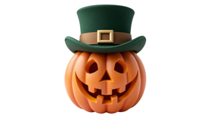 Cheerful pumpkin wearing green top hat, symbolizing Halloween festivities and fun. This festive decoration brings joy and excitement