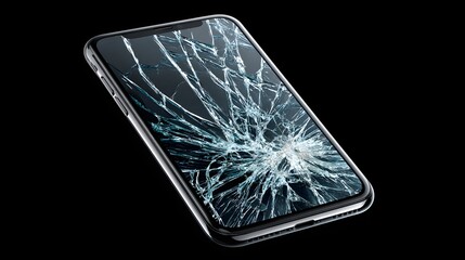 Broken Smartphone with Cracked Screen on Black Background Highlighting Technology Damage