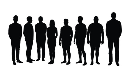 Diverse group of people standing together in silhouette on a white background