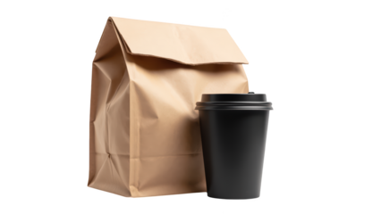 Takeaway food bag and coffee cup, perfect for quick meal or snack on go. Ideal for busy lifestyles and convenient dining experiences