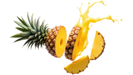 Fresh pineapple slices with juice splash create vibrant and refreshing image, showcasing tropical fruit juicy texture and bright color
