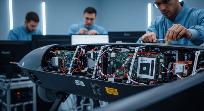 Closeup of military drone avionics being tested in a secure final integration lab with technicians monitoring electronic systems and wiring.