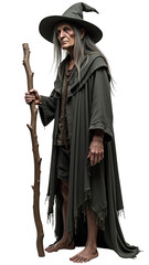 Elderly witch with long gray hair, wearing dark cloak and pointed hat, holding wooden staff, standing barefoot