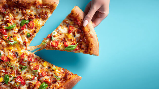Vegetarian pizza isolated on blue background, sliced pizza with grabbing a slice of pizza.

