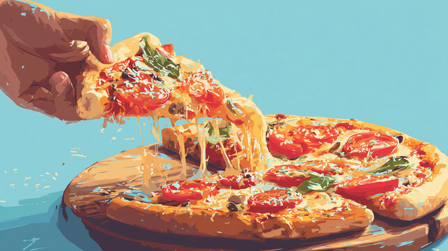 On blue background, vegetarian pizza is isolated, sliced pizza and grabbing a slice of pizza.

