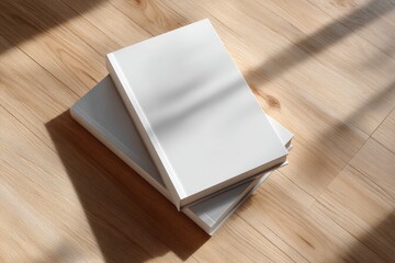 Fototapeta premium Two blank, white hardcover books rest on a light wood floor, angled slightly, bathed in sunlight casting shadows
