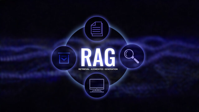 Futuristic glowing “RAG” process flow text with definition, Retrieval Augmented Generation, set over dark particle wave form, sleek AI tech aesthetic, high-detail 3D render, perfect for AI visuals.   