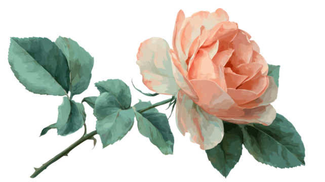 Isolated pastel rose illustration with mint green stem transparent background - Powered by Adobe