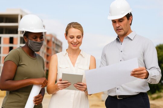 Construction Professionals Collaborating on a Building Project, Reviewing Plans and Using Technology on Site