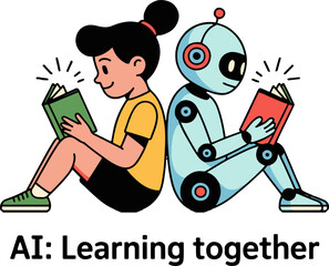 A girl and a robot sitting back to back reading books in a learning together illustration style art