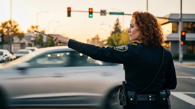 Female Police Officer Directing Traffic at Sunset City Street