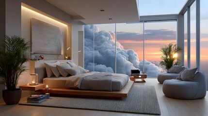 Modern Bedroom With Scenic Sunset View Over Clouds In Sleek High Rise Apartment