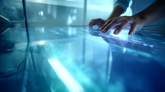 Topdown view of a futuristic glass touch panel with glowing blue interface elements, finger smudges, and sleek design, conveying innovation, technology, and modern sophistication with copy space on t