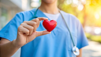 Healthcare Worker in Scrubs Holding Red Heart Symbol for Cardiovascular Health and Medical Care Concept
