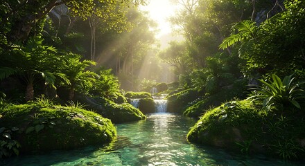 A serene landscape featuring a clear stream flowing through a lush green forest, illuminated by bright sunlight filtering through the trees.
